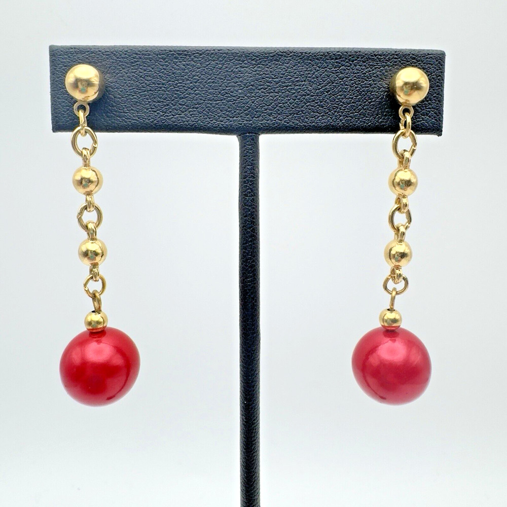 Vintage Avon Metallic Color Drop Pierced Earrings Red Gold Tone Chain 1988 2"